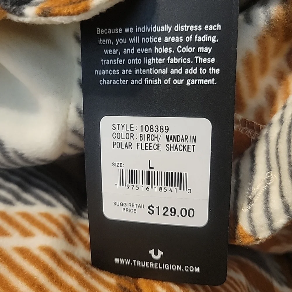 True Religion Polar Fleece Shacket Mens Large Brown‎ Gray Allover Gometric NWT